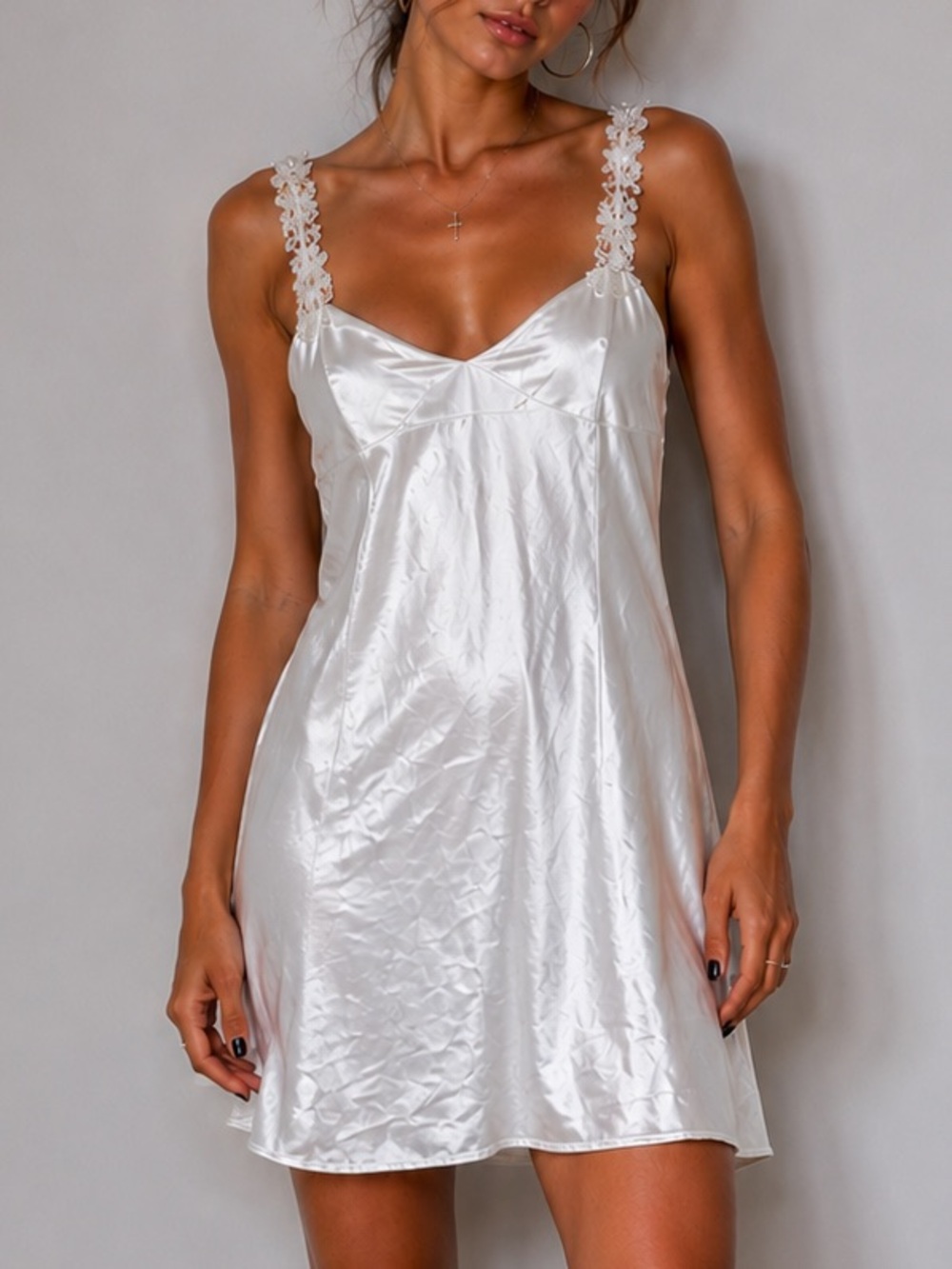 Vintage 1980s White Slip Dress Size Large Lace Floral Beaded Y2K Bridal goth